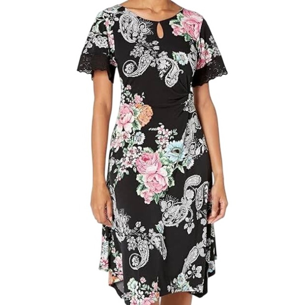 Rafaella Floral Paisley Dress Women 2X Black Pink Short Sleeve Plus Size Casual